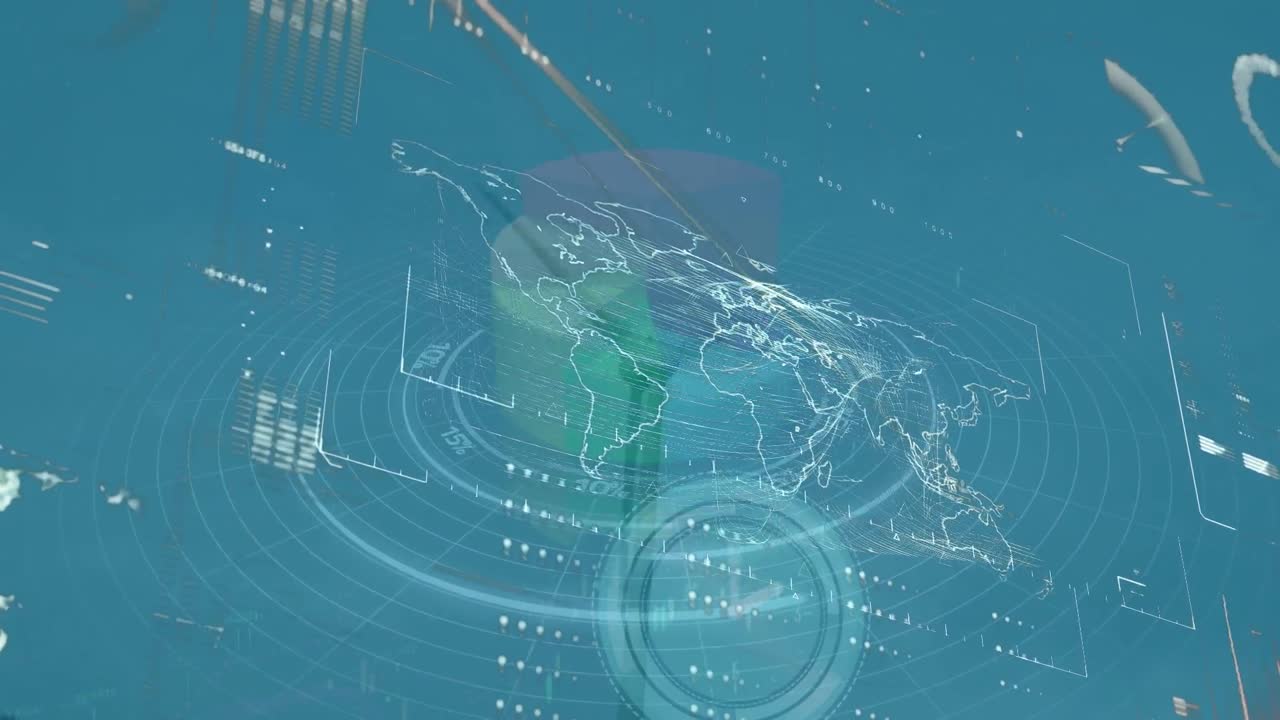 네온 시계의 애니메이션과 파란색 배경에 회전하는 풍차의 데이터 처리