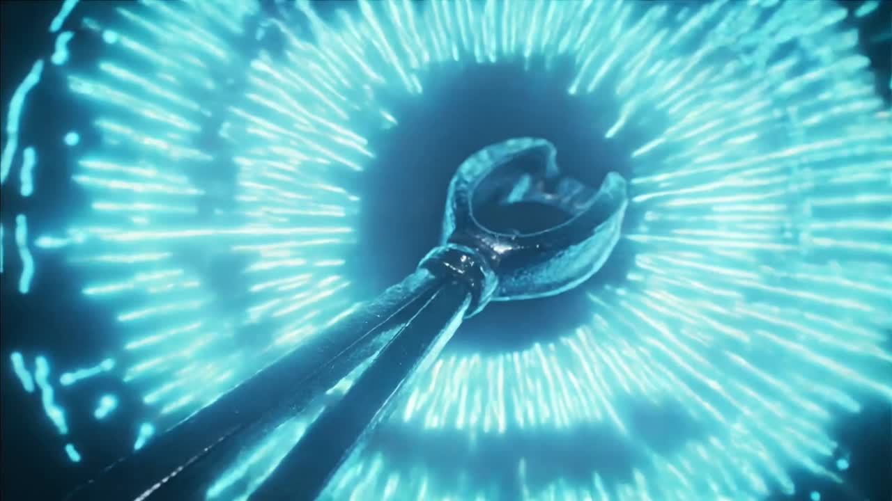 Rotating metallic two-pronged clamp reflecting cyan rings in dark void, rings intensifying behind