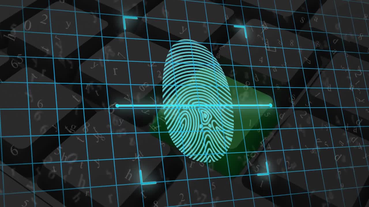 animación del procesamiento de datos y huellas dactilares sobre el teclado.