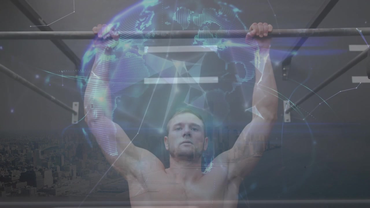 Animación de un hombre caucásico sin camiseta haciendo dominadas en un gimnasio, paisaje urbano y globo terráqueo generado digitalmente.
