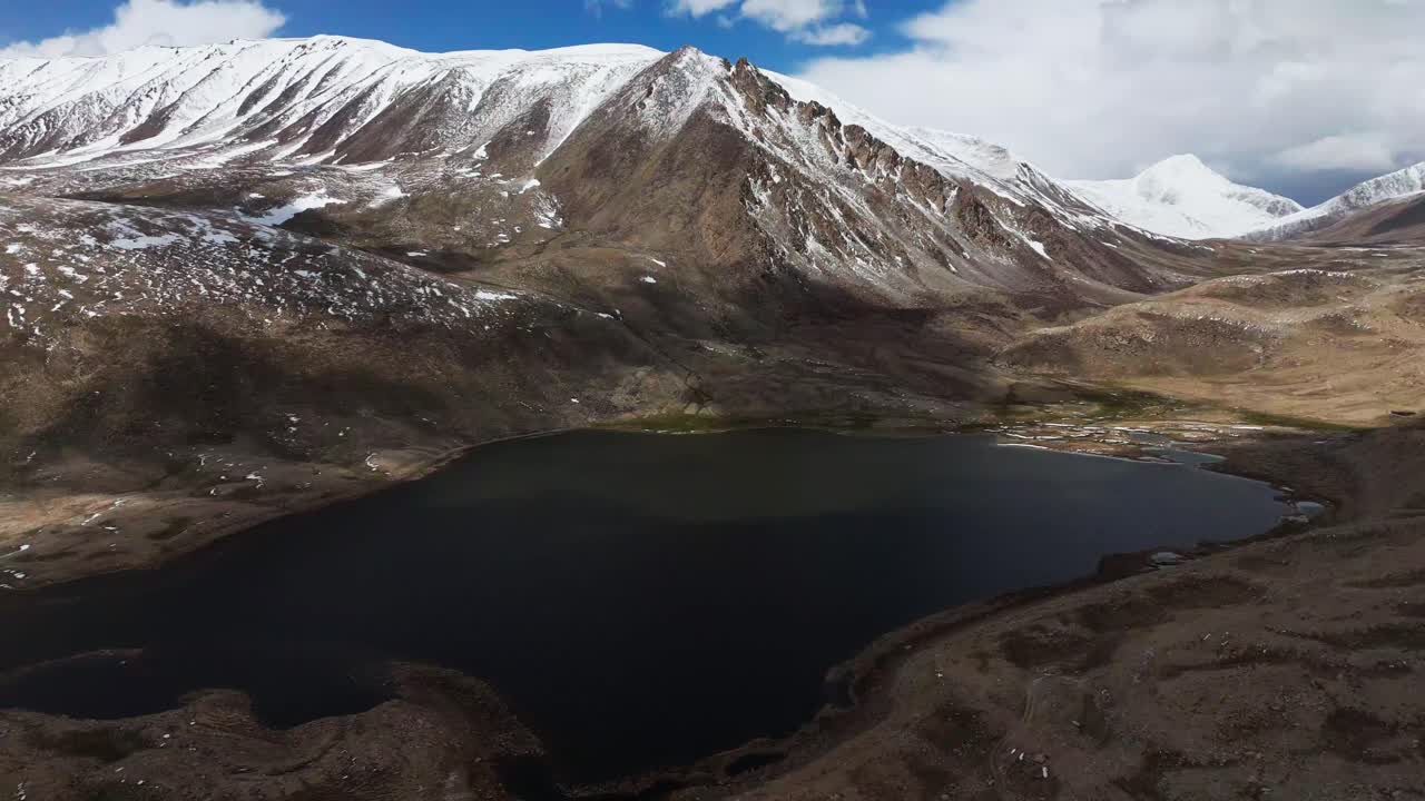 Glacial lake along the Pamir Highway, surrounded by rugged high-altitude mountains, with pristine waters and majestic alpine scenery in a remote wilderness setting