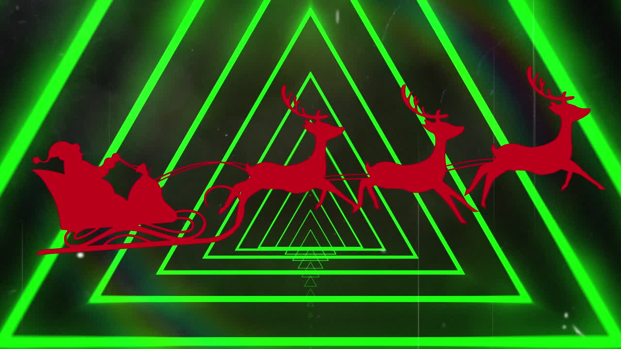 animación de santa en trineo sobre formas en movimiento