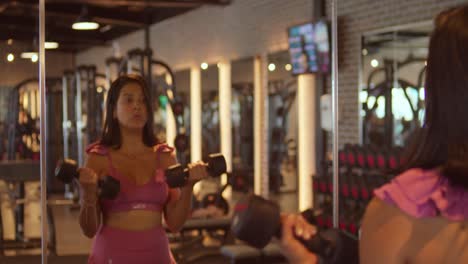 a young woman at the gym in sports wear lifting dumbells at the gym