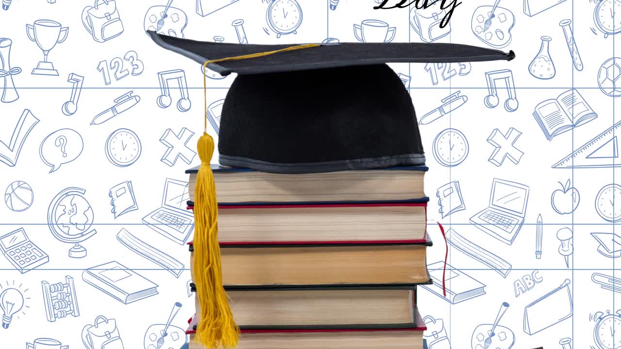 animación de texto del día de los maestros felices, libros y gorra de graduados sobre artículos escolares sobre fondo blanco