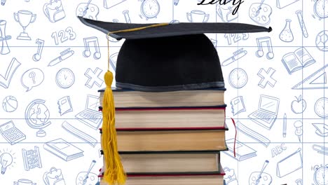 animation of happy teachers day text, books and graduate cap over school items on white background