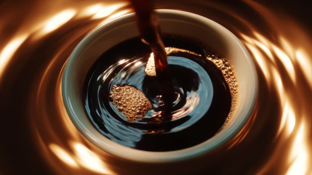 A mesmerizing close-up of dark liquid swirling in a bowl, captured in a seamless motion as it flows into the center, creating a captivating visual of rippling textures and vivid reflections