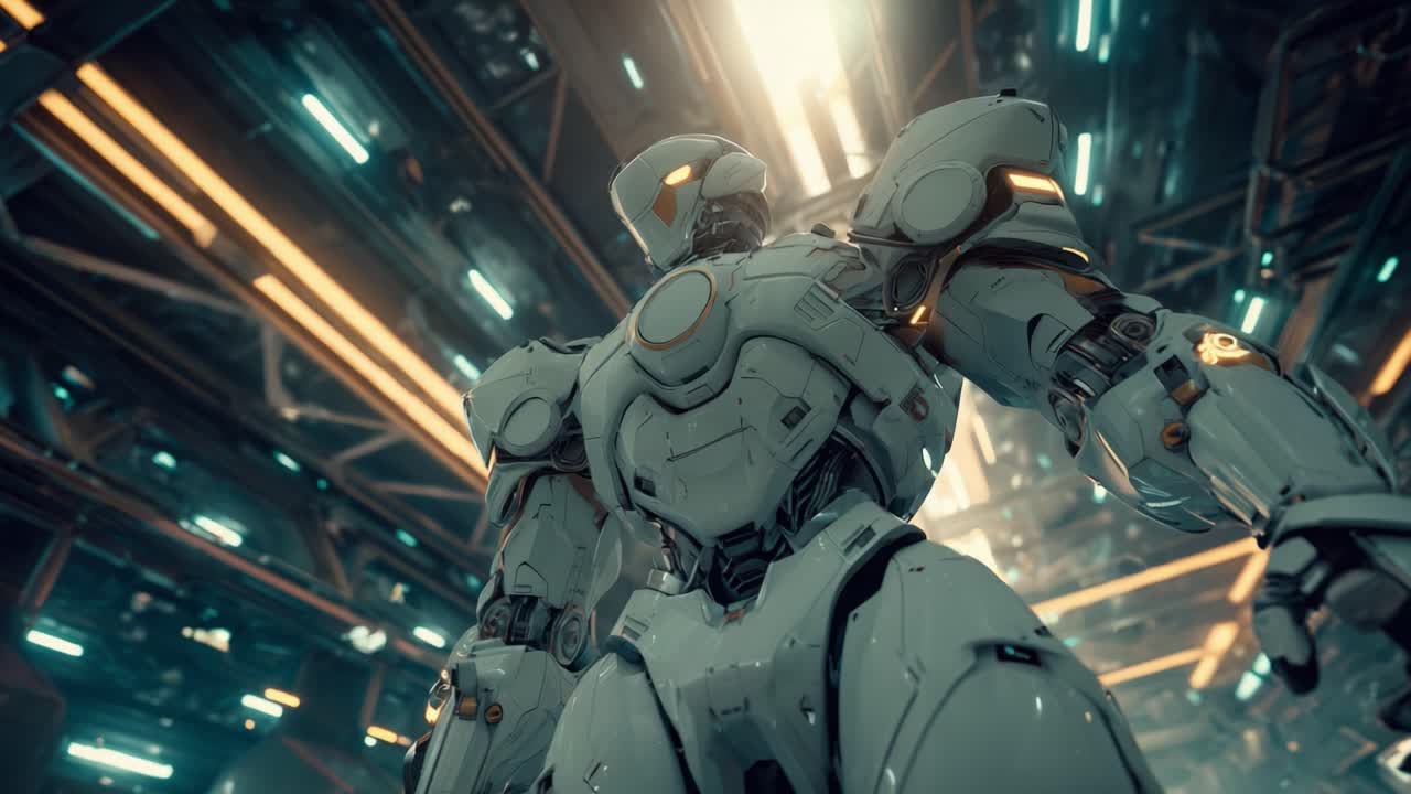Un guardiano del futuro: un imponente framework robotico che riflette tecnologia e design avanzati in un ambiente futuristico, mettendo in mostra forza e innovazione con una combinazione di elementi metallici e illuminazione energica