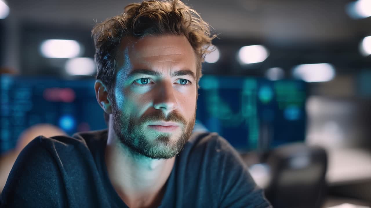 A focused young professional with a thoughtful expression, immersed in analysis, surrounded by glowing screens in a modern workspace environment