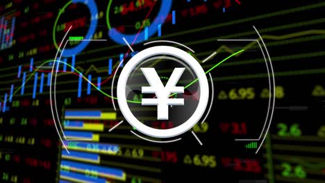 Animation-of-yen-symbol-over-data-processing-on-black-background