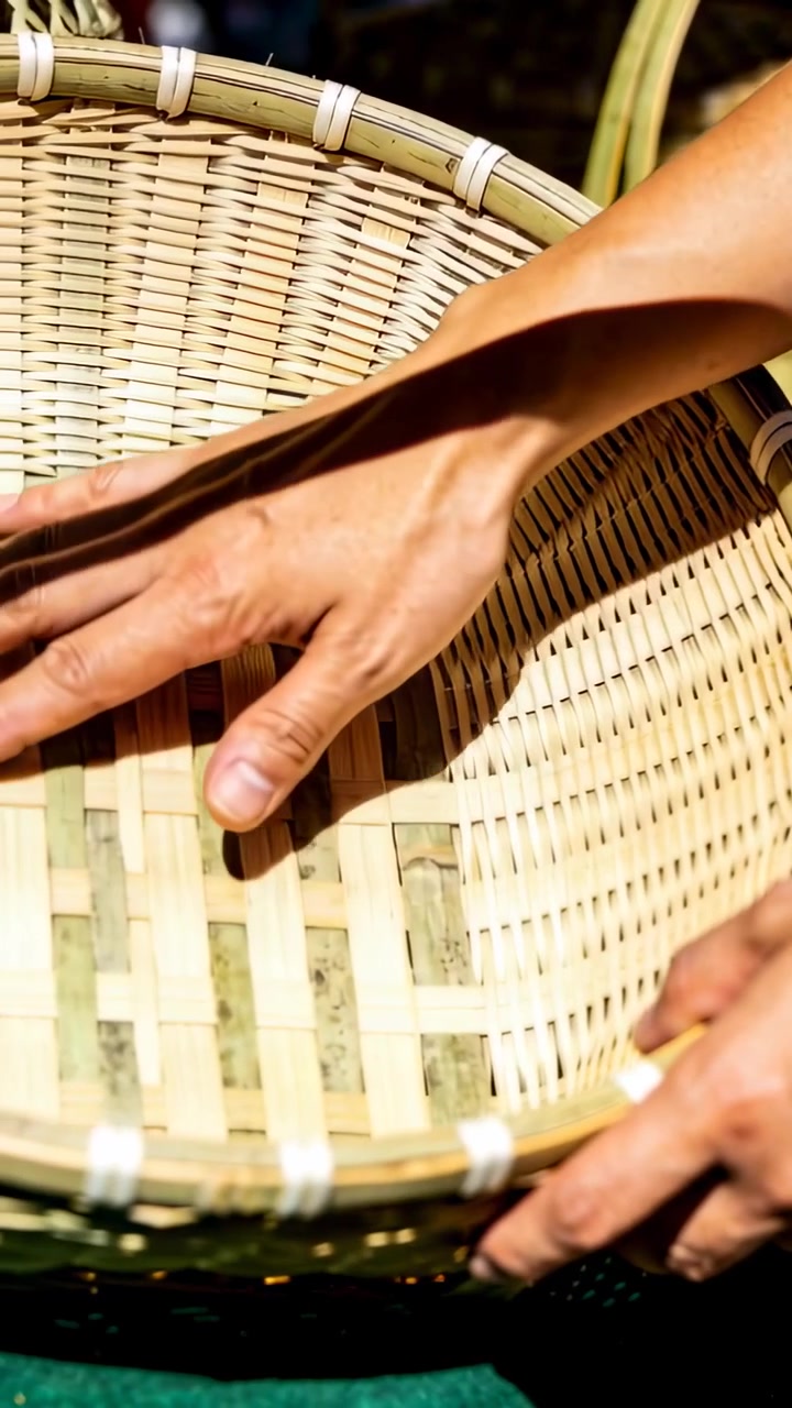 Video verticale: Mani del venditore che entrano e testano l'intreccio di un cesto di bambù al mercato, mostrando pile dietro.