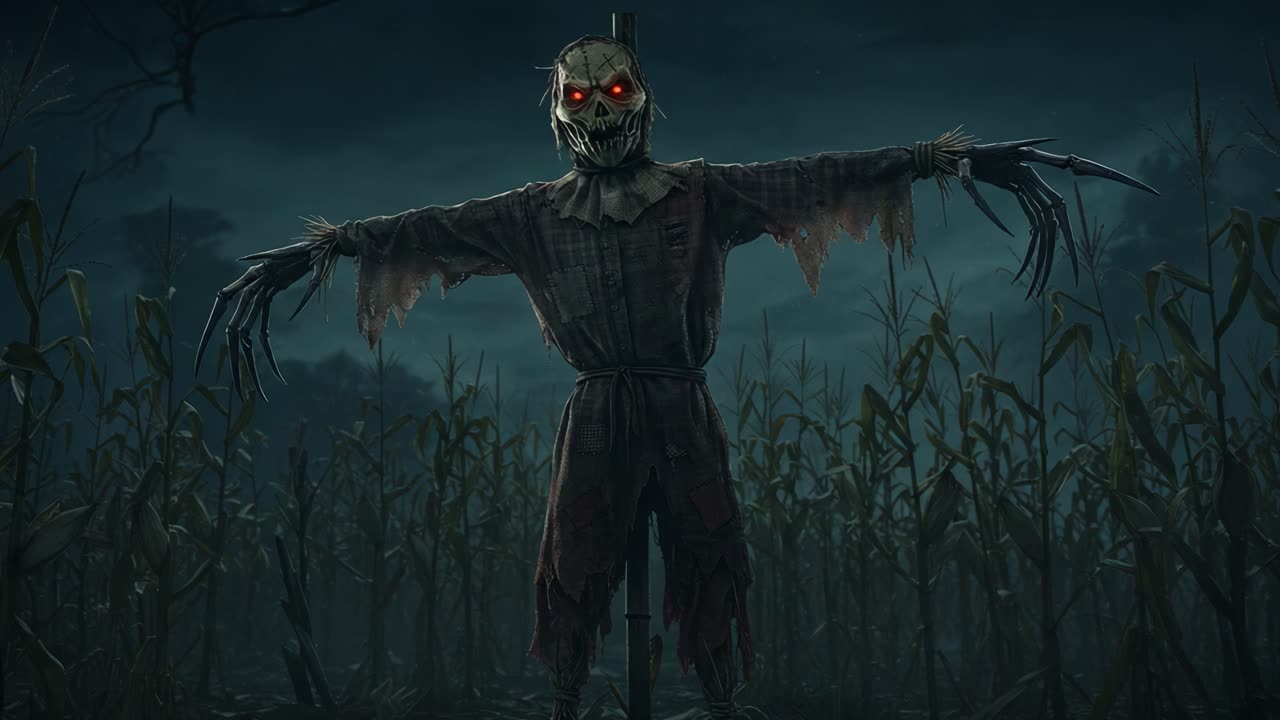 A Terrifying Scarecrow with Glowing Red Eyes Stands Menacingly in a Dark Cornfield, Eerie Fog Surrounding the Haunting Figure Under a Somber Sky