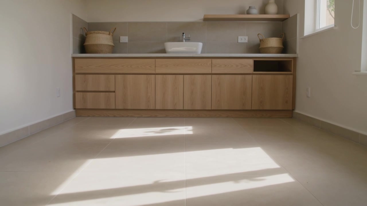 El sol se mueve por el suelo de baldosas de un pequeño aseo, la luz de la ventana derecha ilumina el lavabo del mueble.