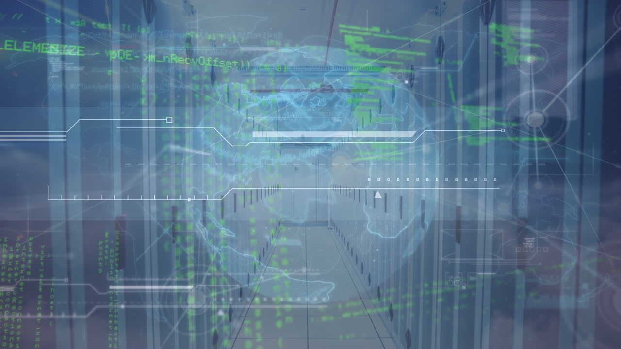 Animation of connections, data processing and globe rotating over servers