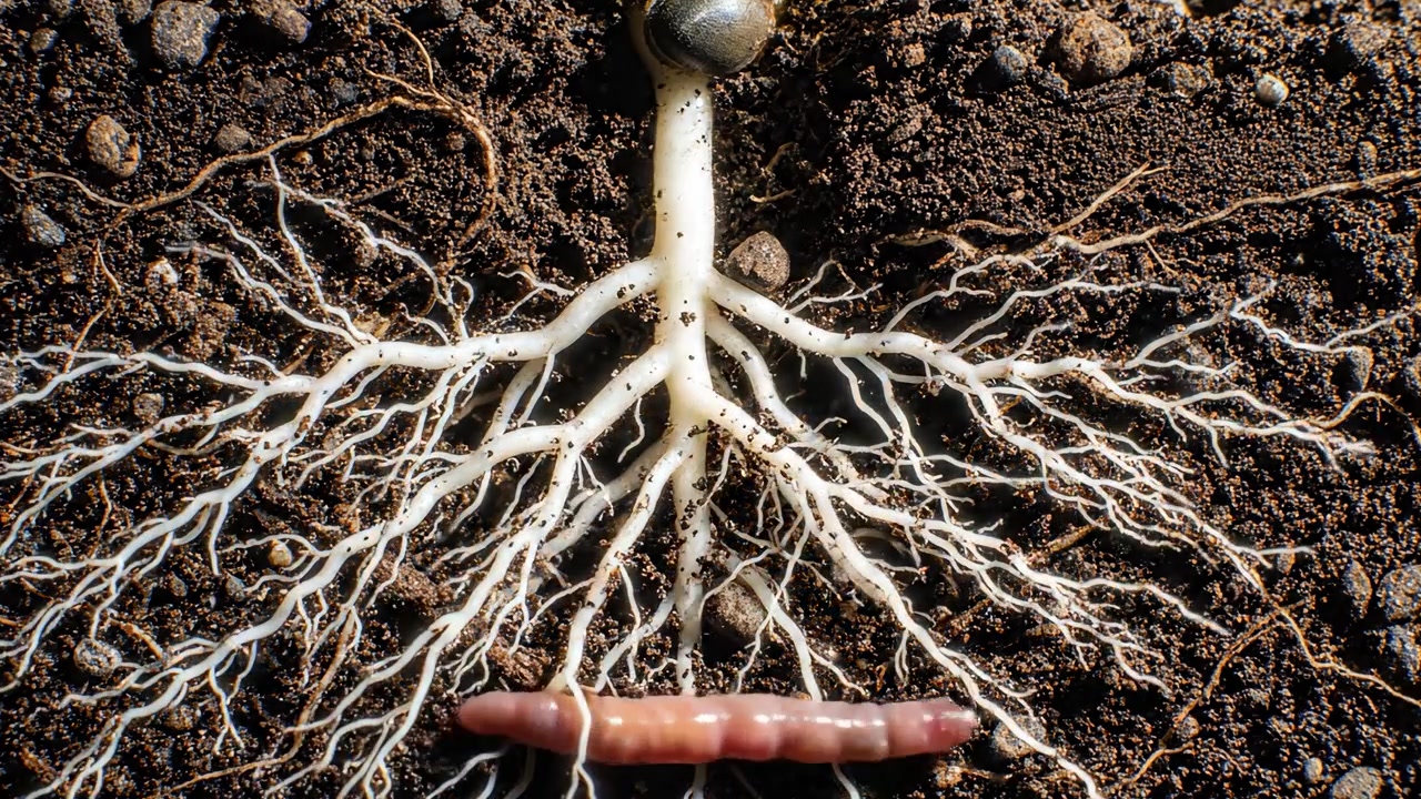 Un examen de cerca del suelo que muestra el intrincado desarrollo de las raíces de las plantas extendiéndose bajo tierra, destacando la compleja red subterránea y el proceso de crecimiento de la naturaleza.