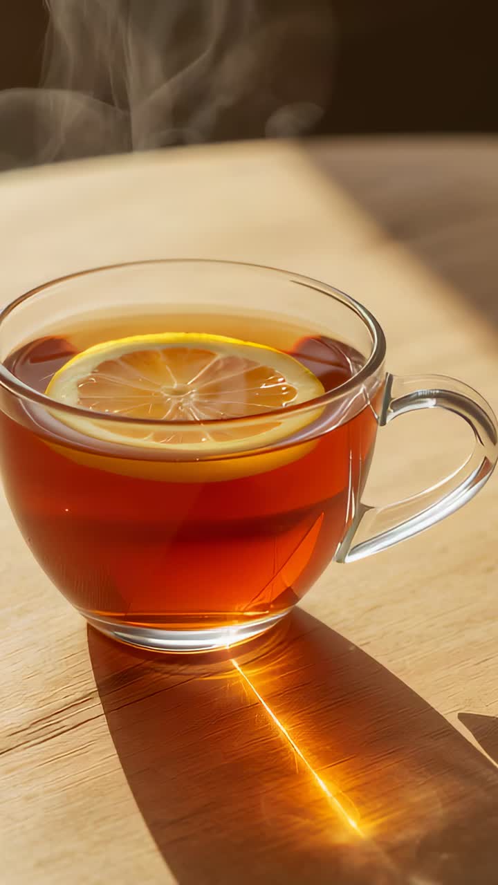 Vertical video: Streaming sunbeam across clear teacup on wood table showing rising steam and lemon
