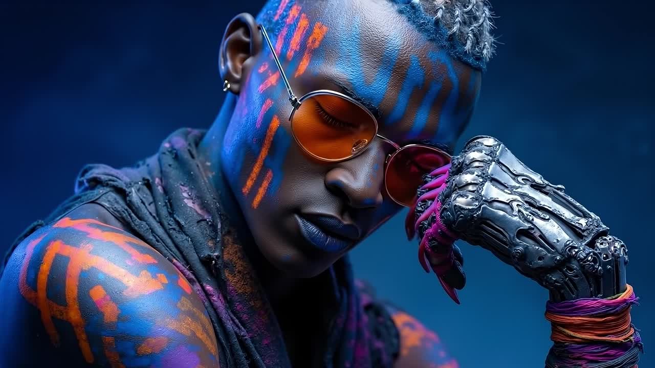 A woman with blue and orange paint on her face and hands