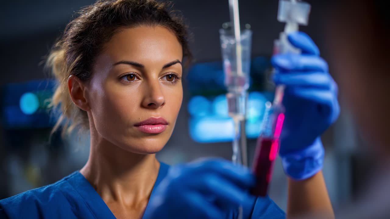 A dedicated healthcare professional meticulously examines a vial of blood, showcasing the importance of precision and care in medical diagnostics within a clinical environment