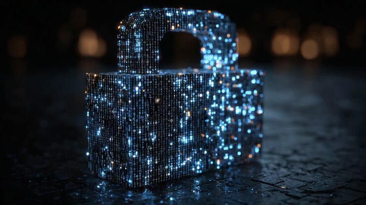Shimmering Digital Lock: A Stunning Representation of Security in a High-Tech Aesthetic with Glowing Particles and an Intricate Network of Light Elements Presenting Modern Cyber Protection