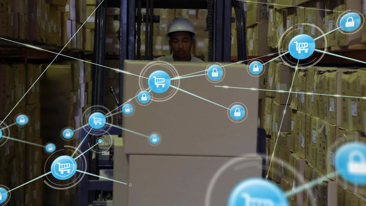 Forklift operator driving boxes down aisle animating cart and lock network showing secure logistics