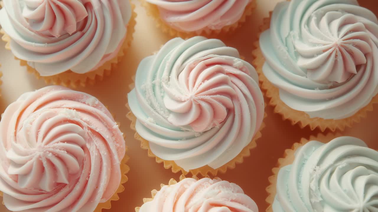 Opening with overhead shot on kitchen counter, showcasing piped frosting swirls on vanilla cupcakes