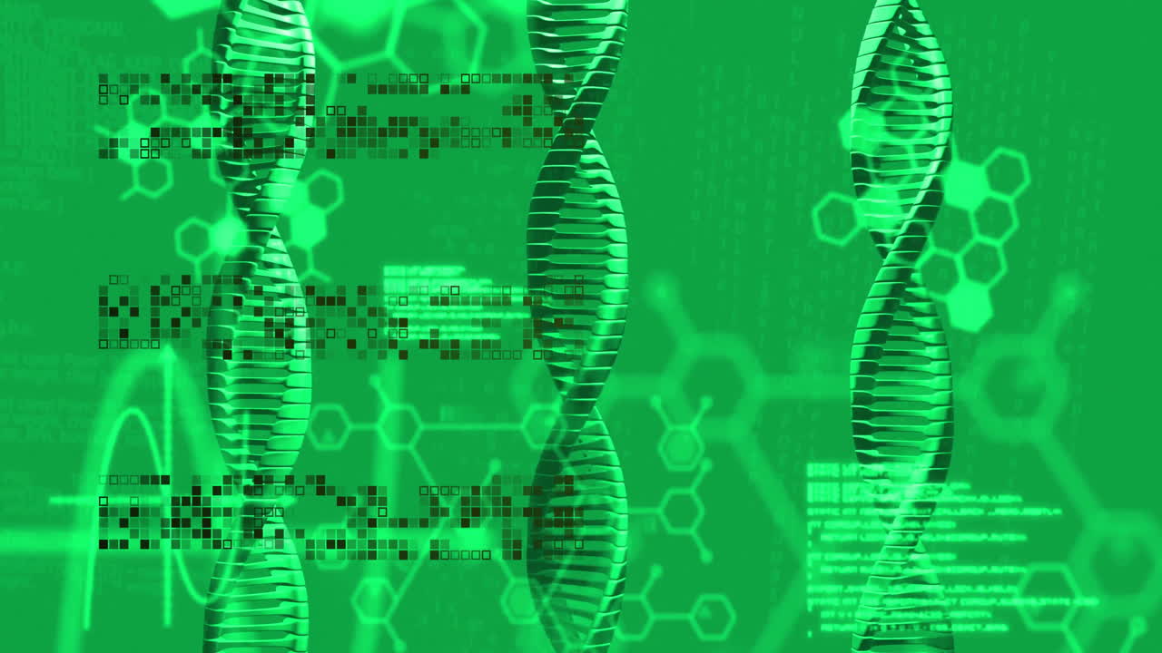 animación de cadenas de adn y procesamiento de datos científicos sobre fondo verde