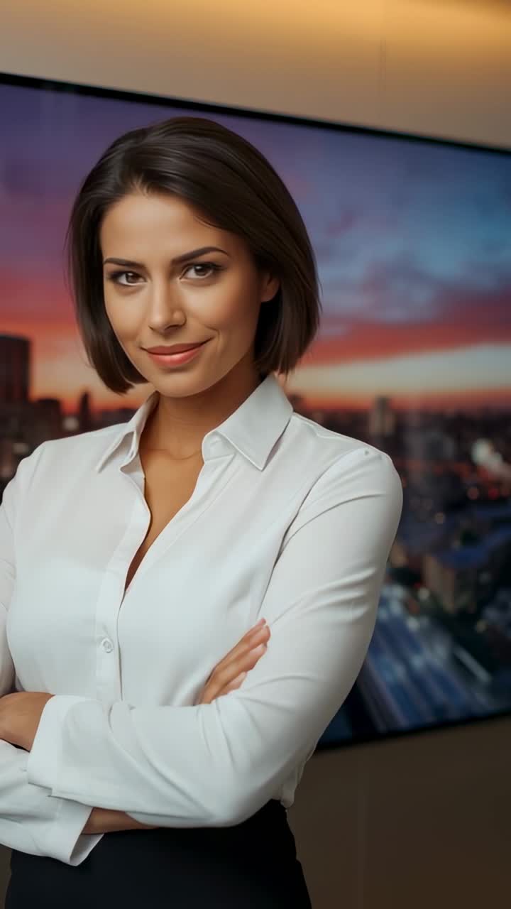 Vertical video: Camera starting zoom revealing anchor presenting news in studio sunset city skyline