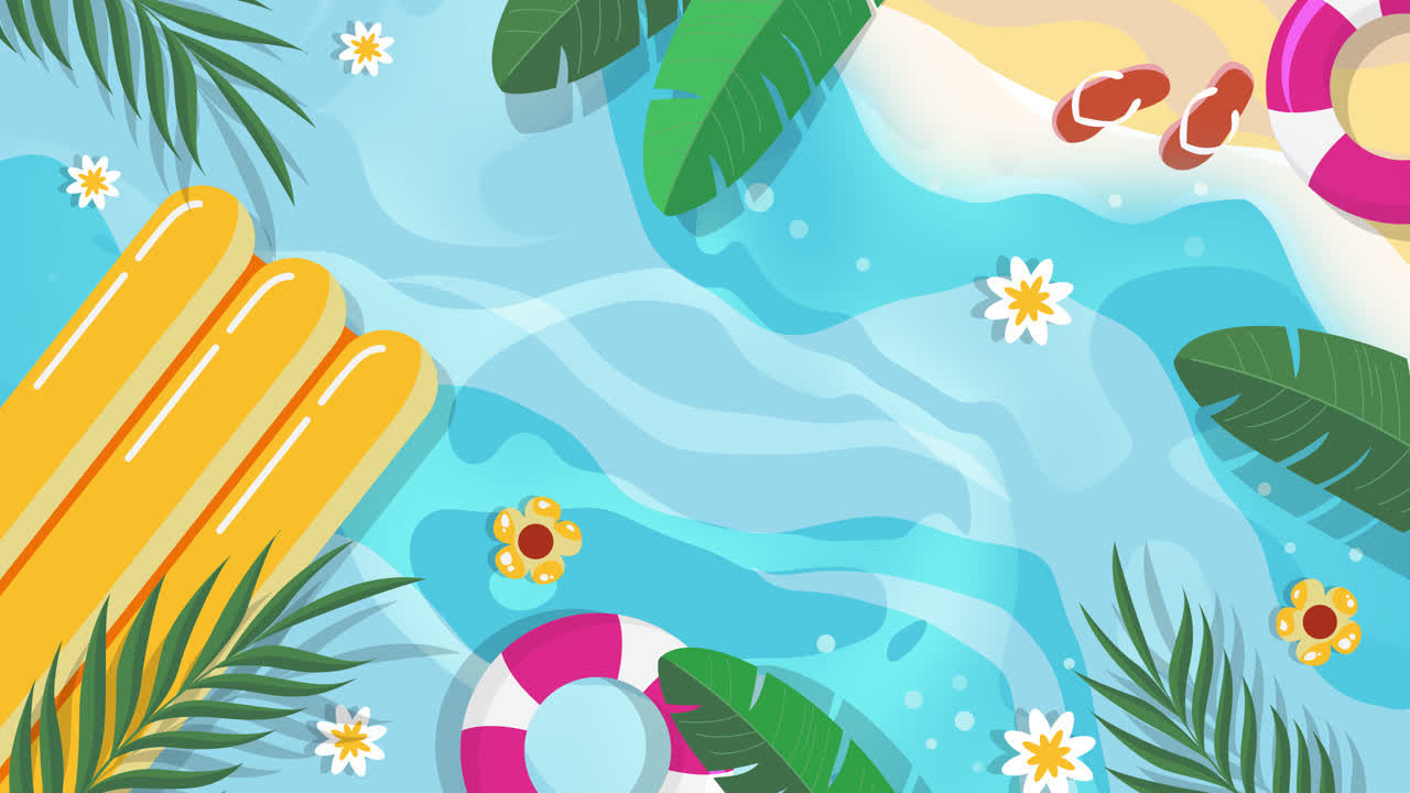 Escena de piscina de verano con flotadores y hojas de palma