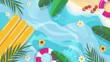 summer pool scene with floats and palm leaves