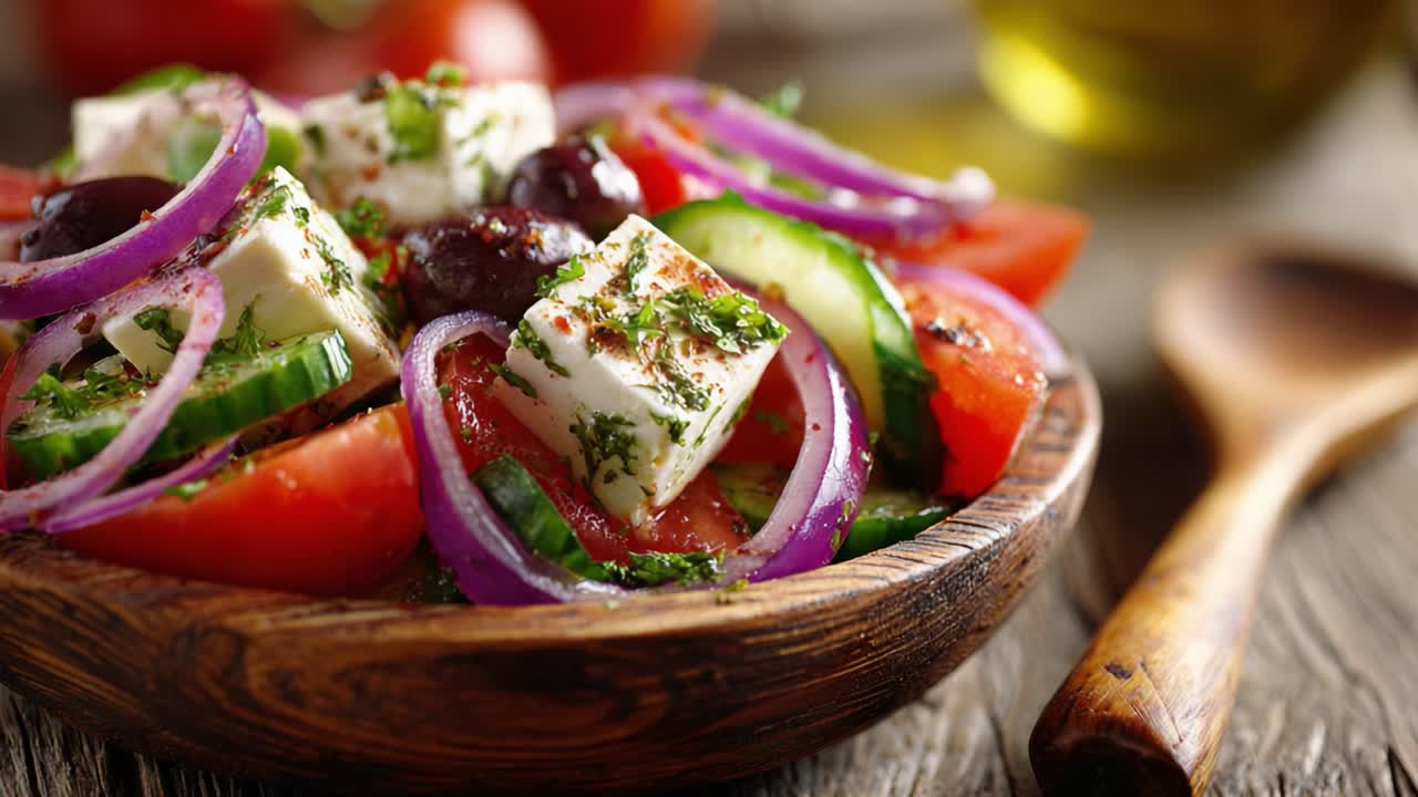 A Vibrant Salad Dish Featuring Fresh Vegetables, Creamy Feta Cheese, and Flavorful Herbs, Perfect for a Healthy Meal or Refreshing Side Dish