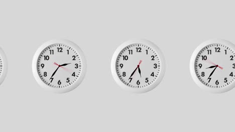 seamless looping animation with many white wall clocks. arrows spin clockwise. white and gray background with copy space