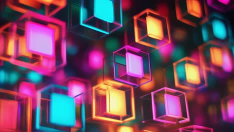 luminous geometric cubes floating and pulsing within dark environment, generating vibrant visual energy through dynamic light patterns and digital movement