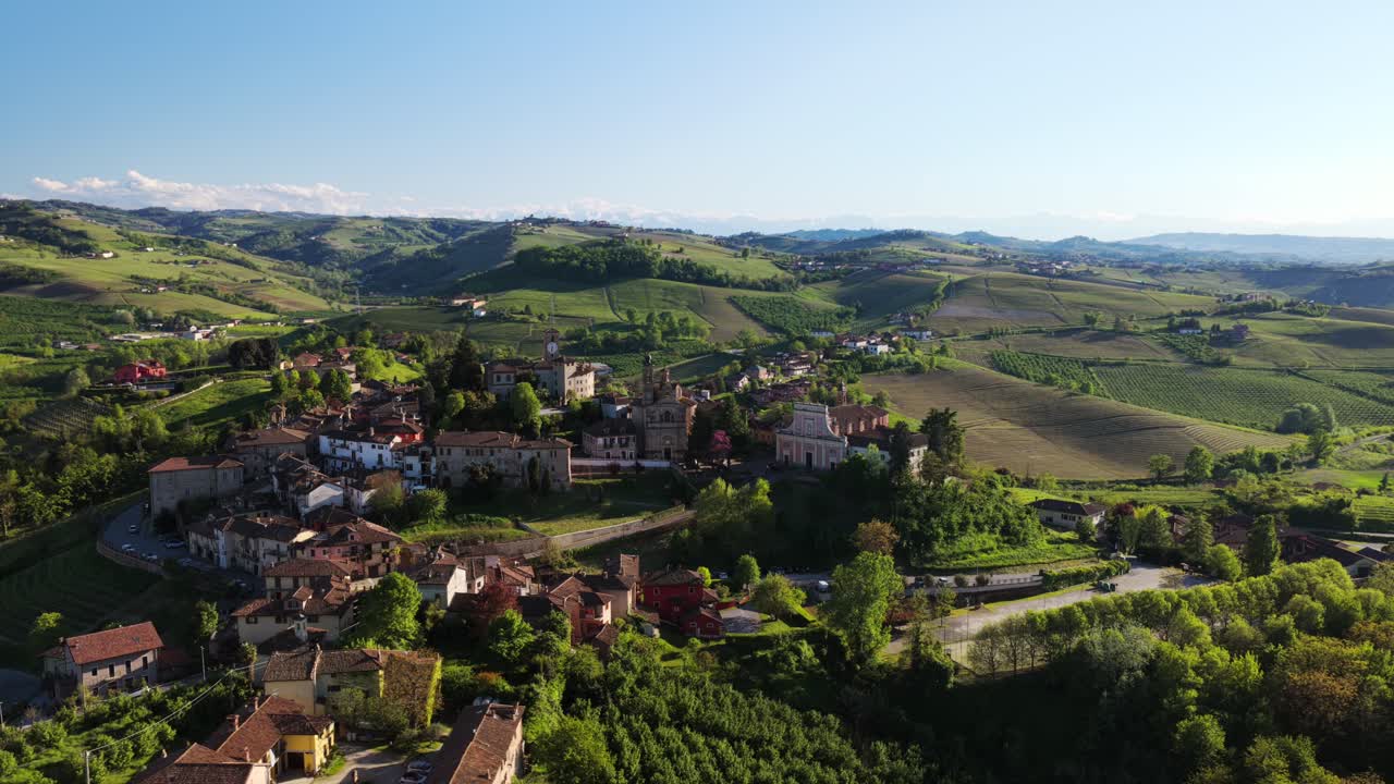 Neive, Piedmont, Italy - A Charming Medieval Village Renowned for its Wine, History, and Breathtaking Landscapes - Orbit Drone Shot