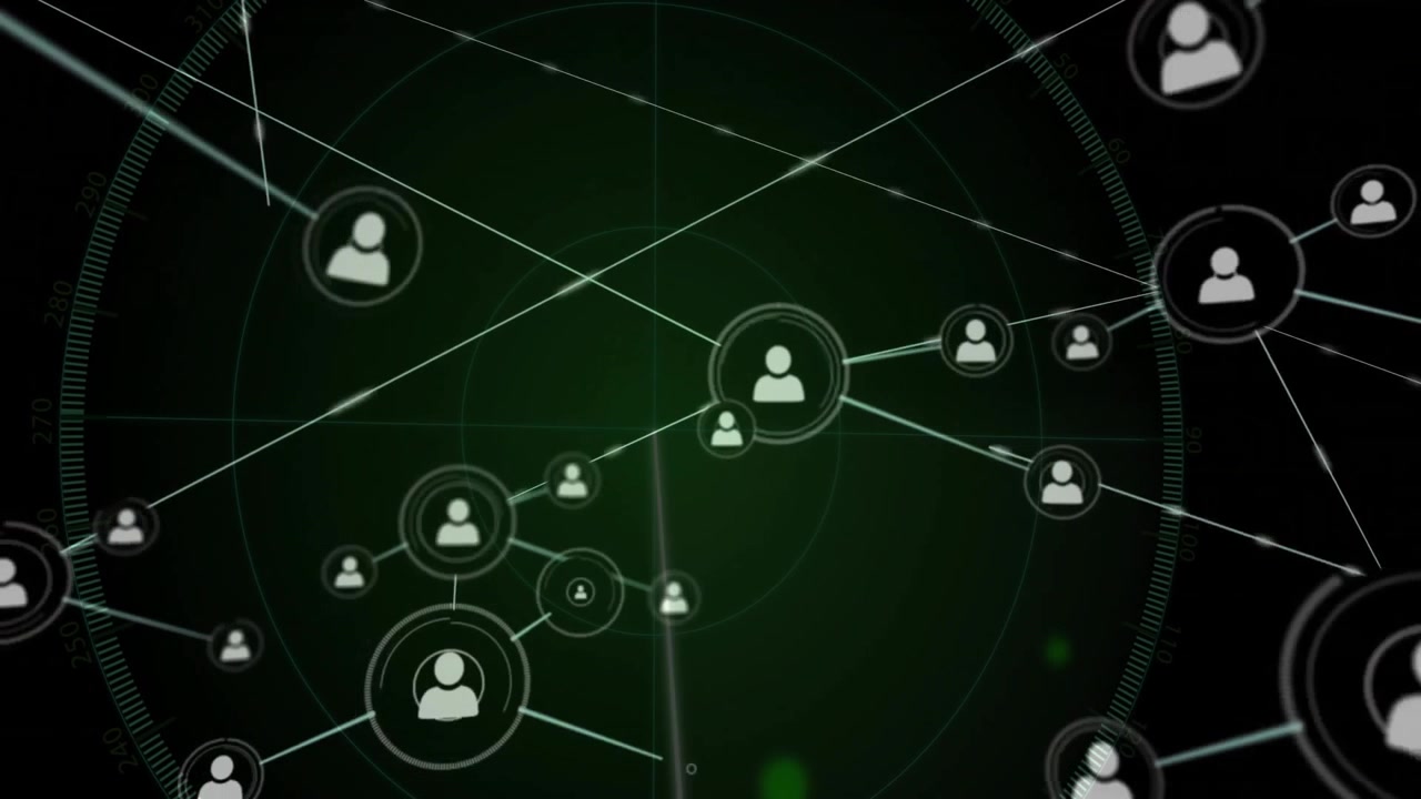 Flat design radar sweeping starting central user icon spawning linked icons linking network growth