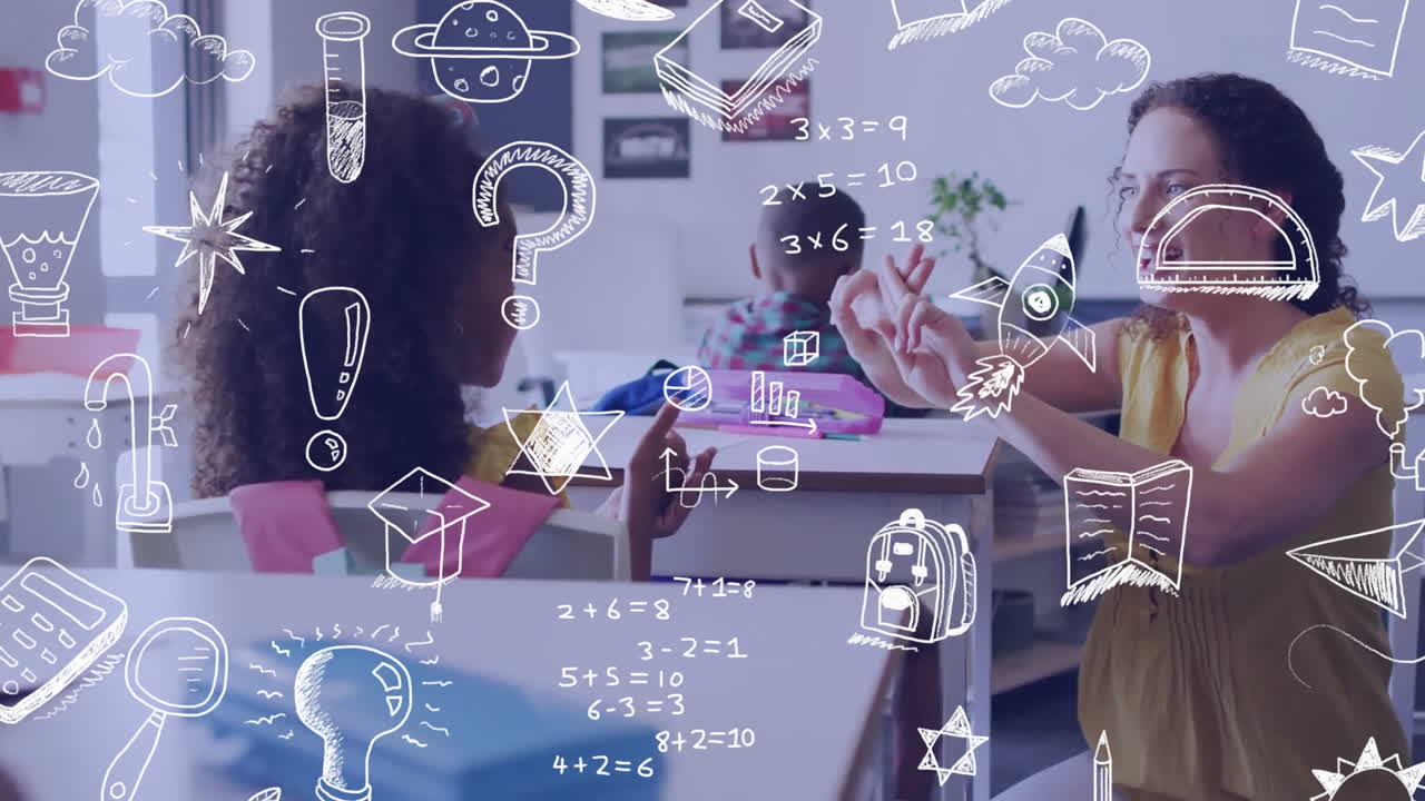 교실에서 다양한 학교 학생과 여성 교사에 대한 학교 아이콘의 애니메이션