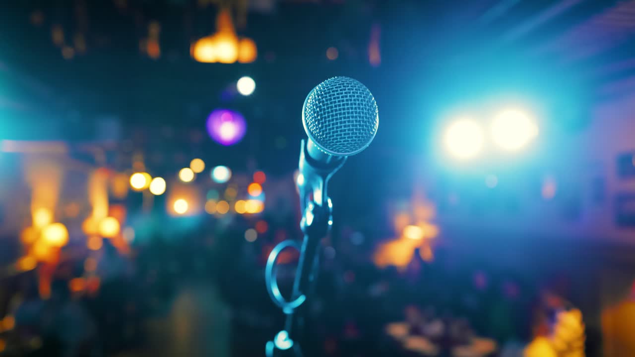 오디토리움의 배경에 무대에 마이크가 있습니다.