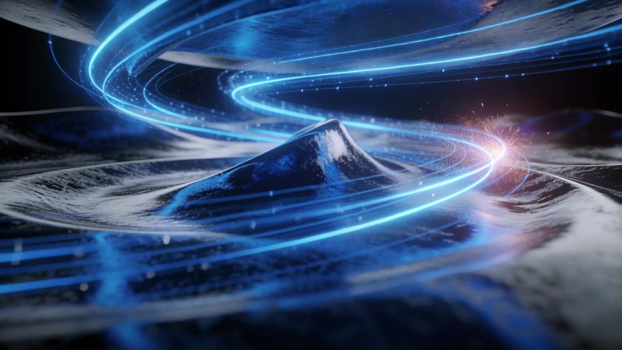 Glowing cobalt ribbon spiraling upward around cone in CGI scene toward disc with orange sparks