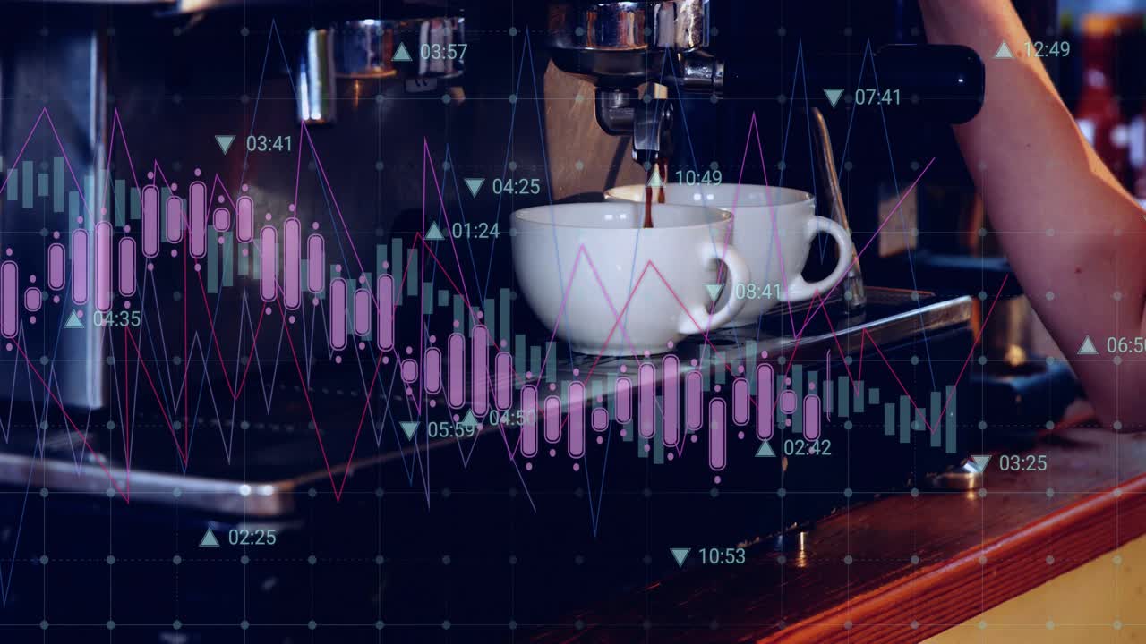 Barista's arm locking portafilter activating brew as charts animating for market and filling cups