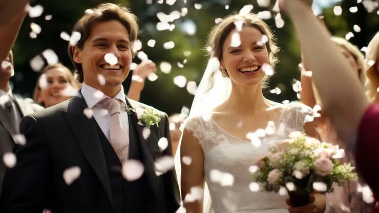 Joyful wedding scene with a close-up angle, capturing a couple amidst flying petals