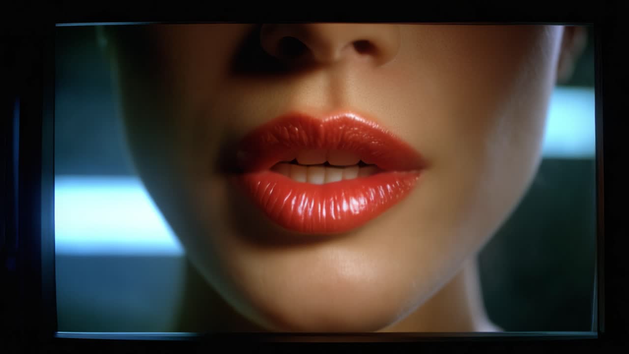 Primo piano di labbra rosse lucide incorniciate da un'illuminazione cinematografica, che enfatizza la texture sontuosa e il colore vibrante in una visualizzazione ad alta definizione.