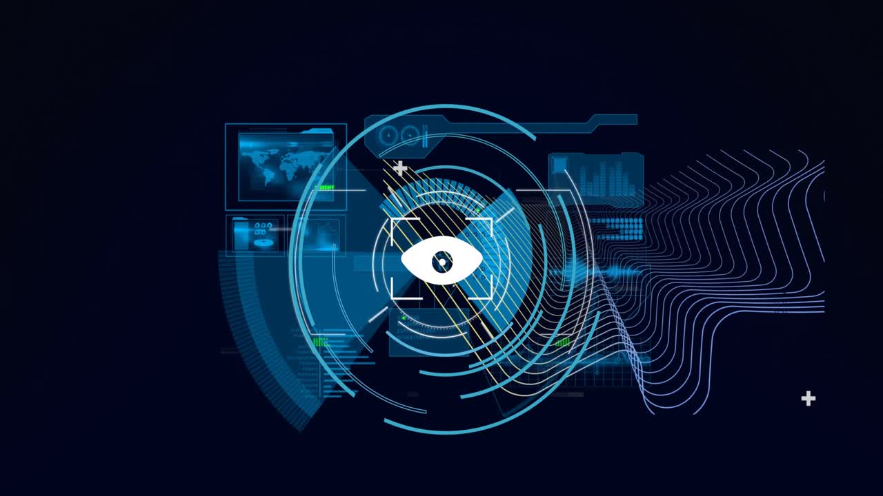 Animation of data processing and eye on black background