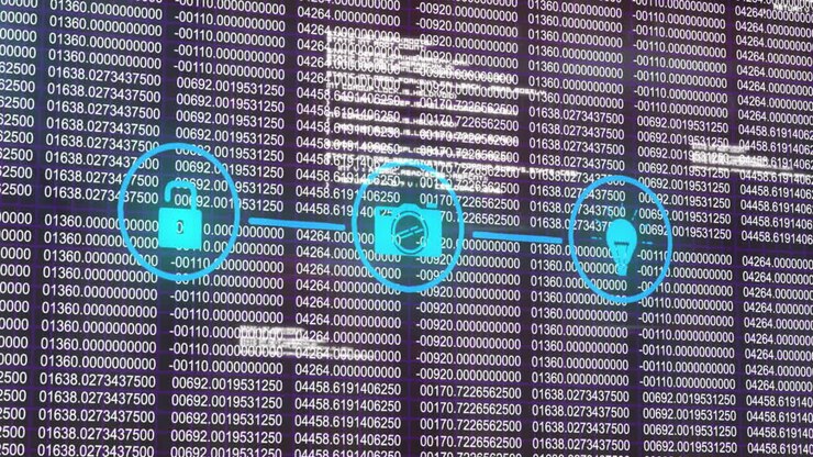 Digital icons of camera, thumbs up, and chat over binary code animation