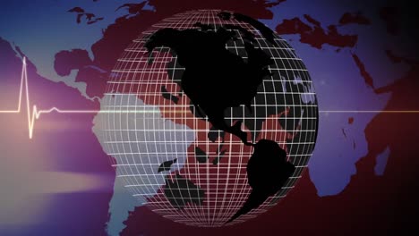 Heart-rate-monitor-over-spinning-globe-against-world-map-on-purple-background