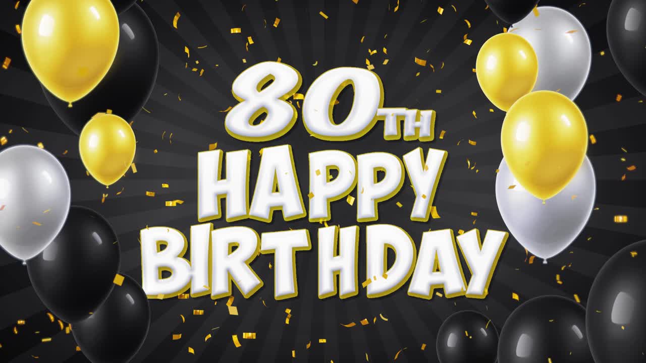 80th Happy Birthday Celebration with Balloons and Confetti