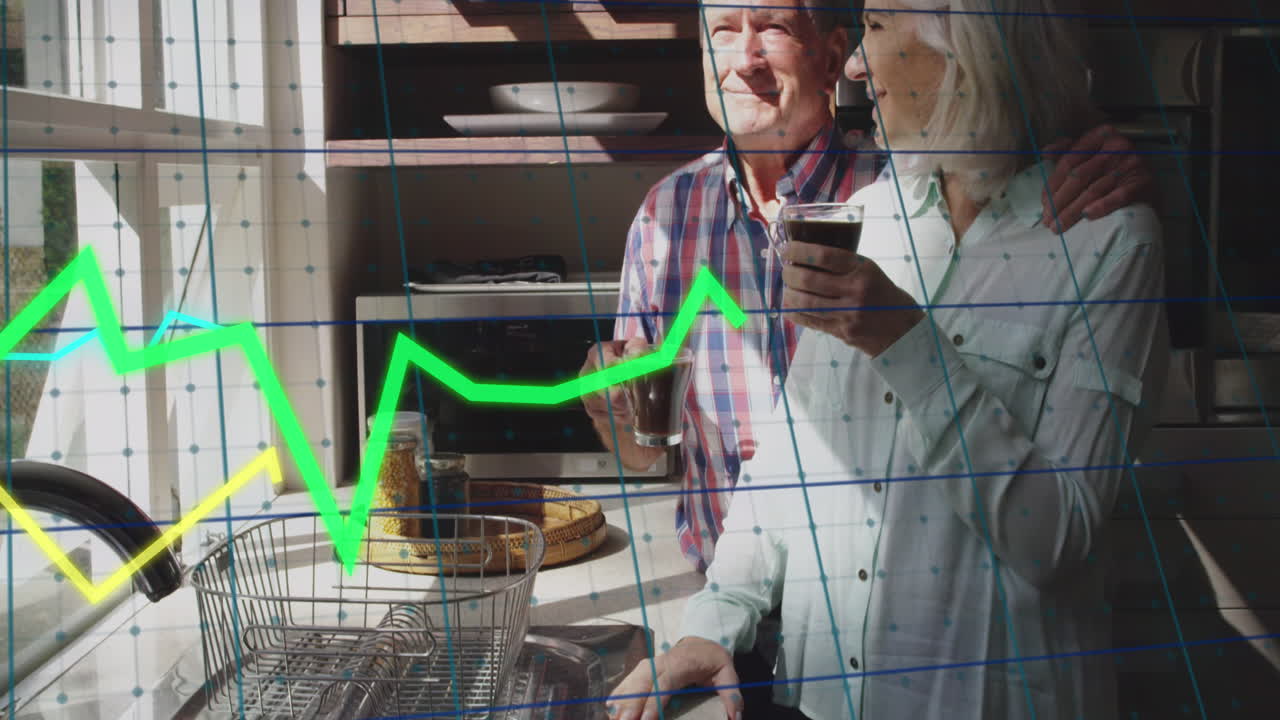 animación de múltiples gráficos y patrón de cuadrícula sobre una pareja caucásica senior disfrutando de café