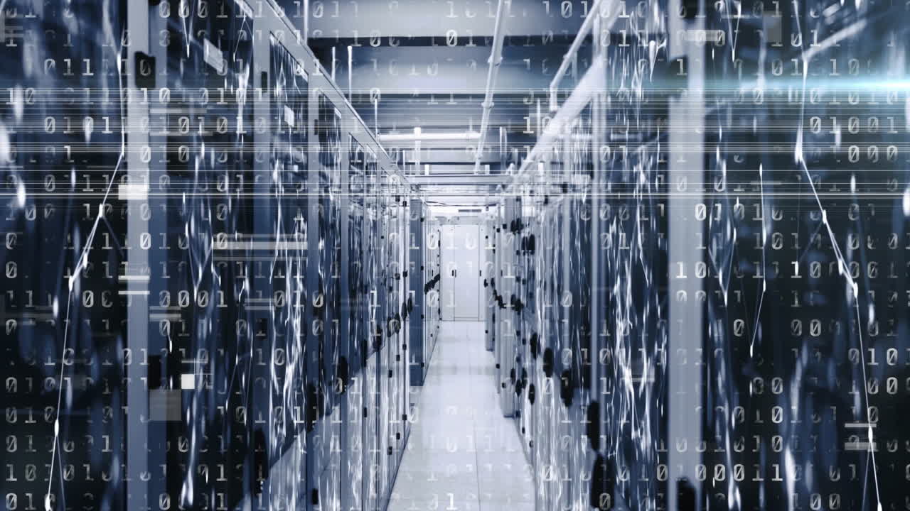 Binary code animation over server racks in data center hallway