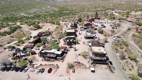 goldfield ghost town in phoenix az aerial drone view flying directly over the buildings higher view