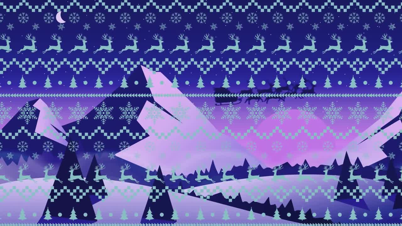 Perinteinen joulukuvio Joulupukin reen yllä, jota vetävät porot yötaivasta vasten.