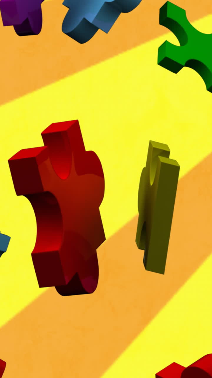 animación de piezas de rompecabezas coloridas que caen sobre rayas de hilado naranja sobre fondo amarillo