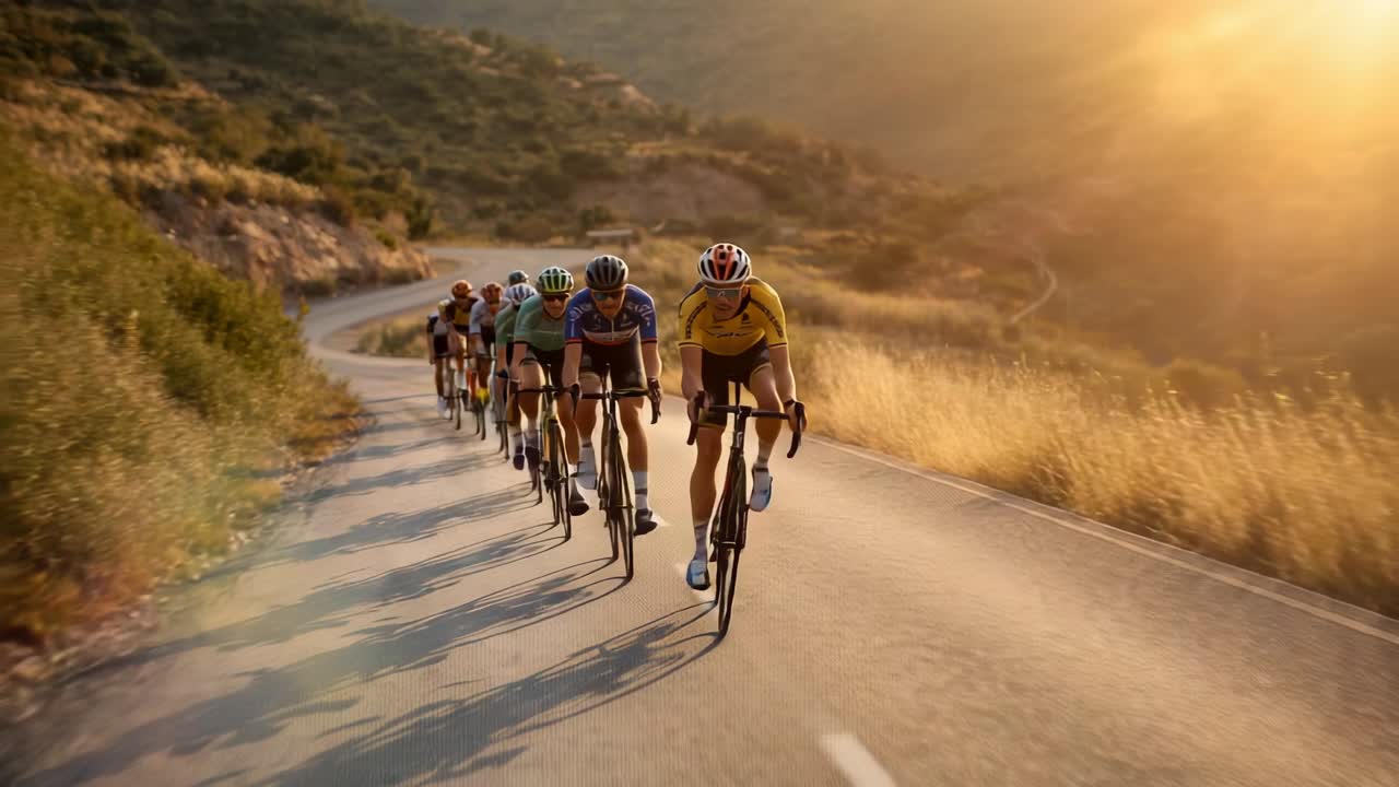Leaning cyclist in yellow jersey into bend on hillside road, with riders drafting for wind shelter