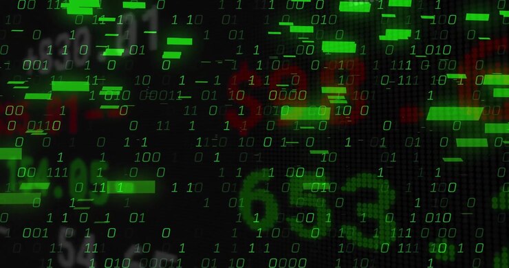 Binary digits floating across dark pixel grid, showing glitch bars, red percentages and decimals